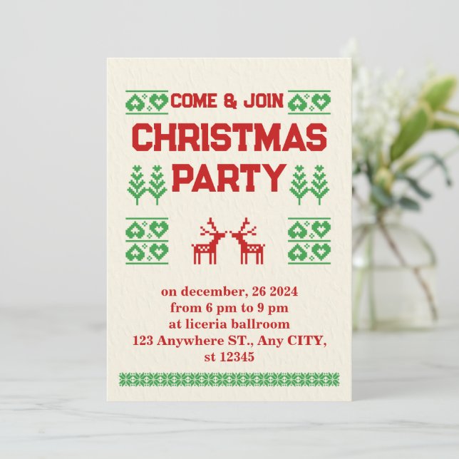 Red and Green Modern Pixel Christmas Party  Holiday Card (Standing Front)