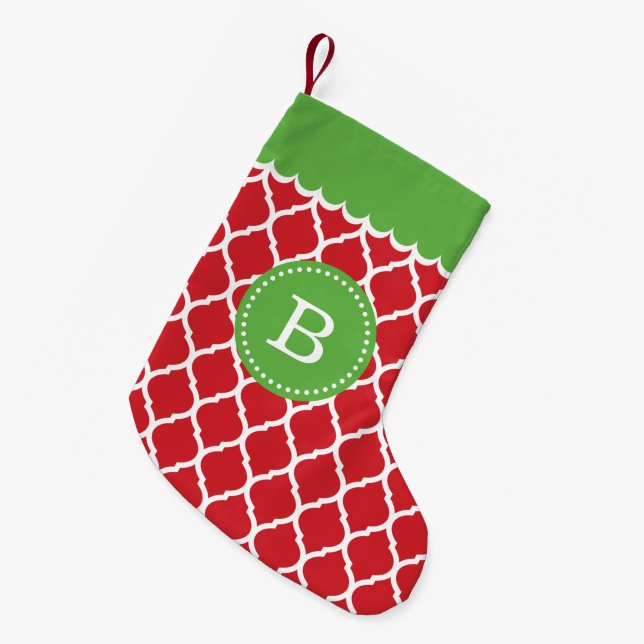 Red and Green Moroccan Quatrefoil Monogram Small Christmas Stocking (Front (Hanging))