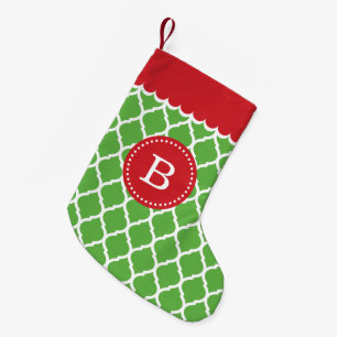 Red and Green Moroccan Quatrefoil Monogram Small Christmas Stocking