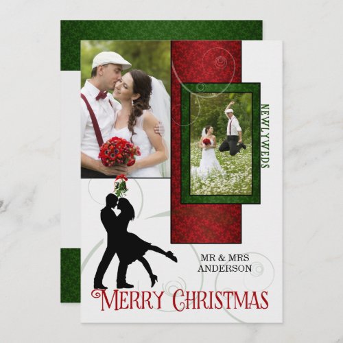 Red and Green Newlyweds 1st Christmas 2 Photo Card
