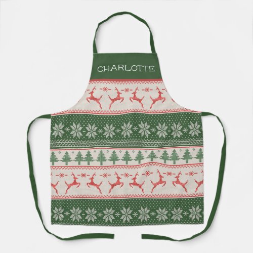 Red and Green Nordic Pattern Monogram Apron