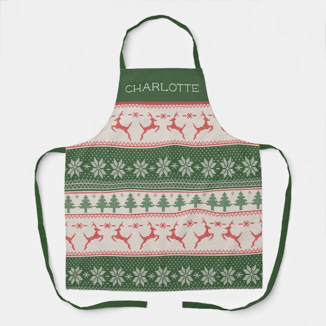 Red and Green Nordic Pattern Monogram Apron (Front)