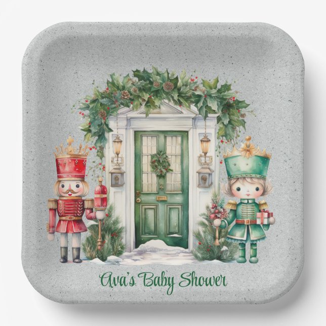 Red and Green Nutcracker Baby Shower Paper Plates (Front)