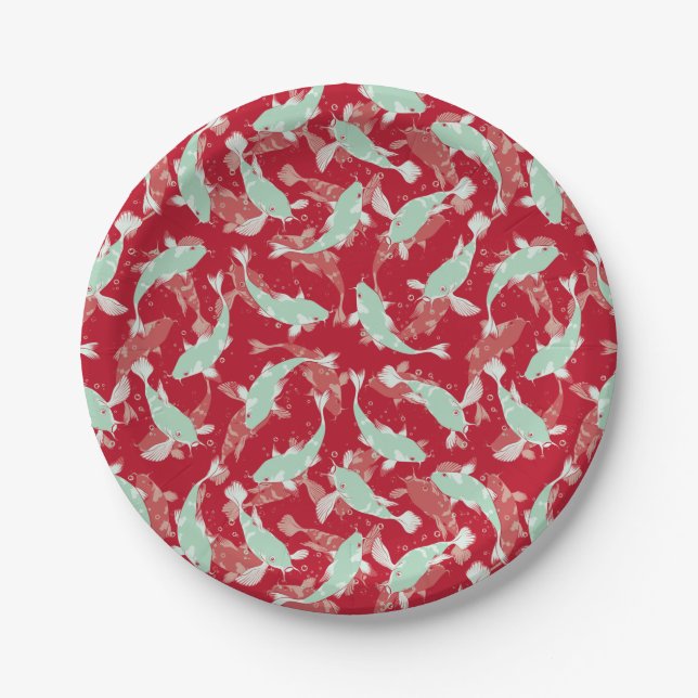 Red and Green Pattern - Koi Fish Paper Plates (Front)