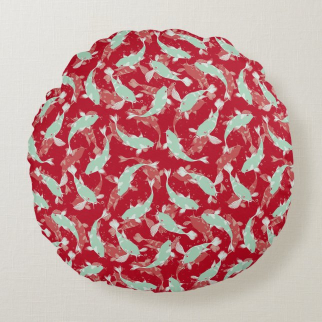 Red and Green Pattern - Koi Fish Round Pillow (Front)