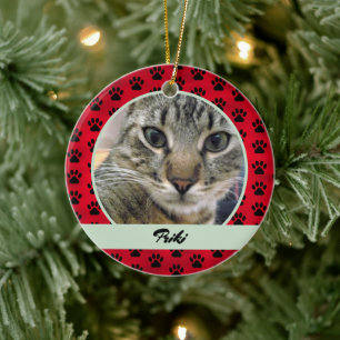Red and Green Paw Print Pattern Cat Photo and Name Ceramic Ornament