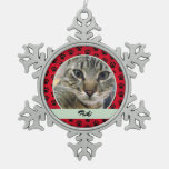 Red And Green Paw Print Pattern Cat Photo And Name Snowflake Pewter Christmas Ornament at Zazzle