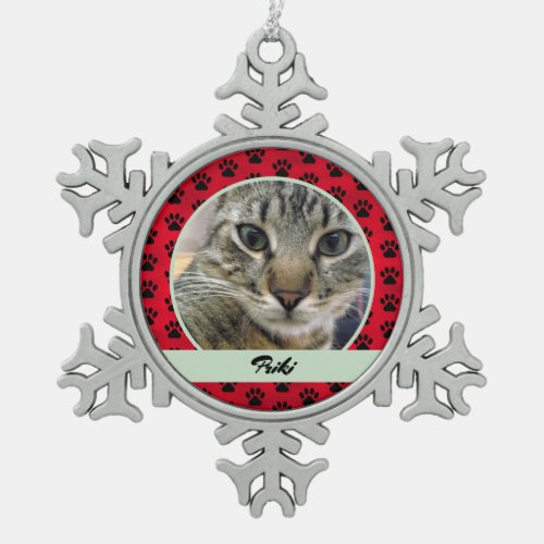 Red and Green Paw Print Pattern Cat Photo and Name Snowflake Pewter Christmas Ornament