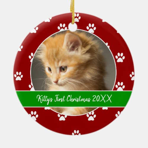 Red and Green Paw Prints Kittys First Christmas C Ceramic Ornament