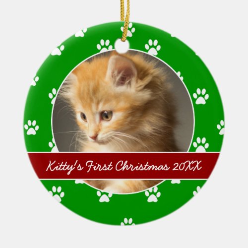 Red and Green Paw Prints Kittys First Christmas Ceramic Ornament