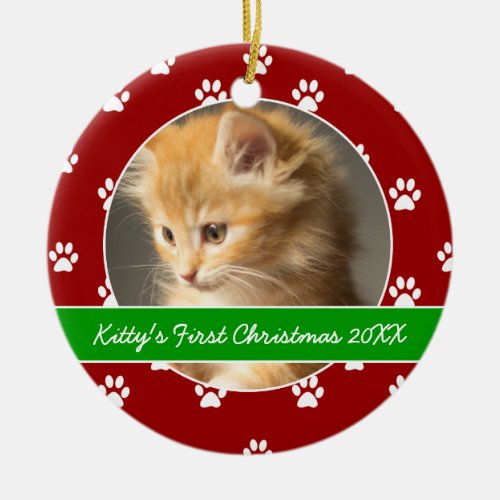Red and Green Paw Prints Kittys First Christmas Ceramic Ornament