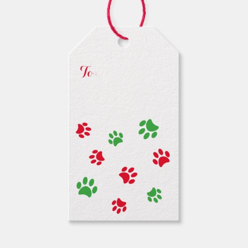 Red and Green Paw Prints Pattern Christmas Gift Tags