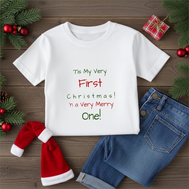 Red and Green Personalized First Baby Christmas Baby T-Shirt (Creator Uploaded)