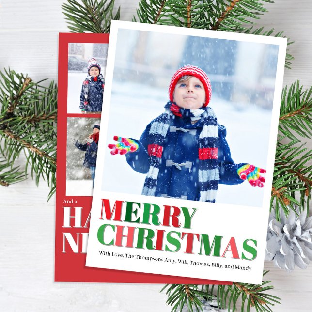 Red and Green Photo Collage Merry Christmas Holiday Card (Merry Christmas Holiday photo card with red and green lettering.)