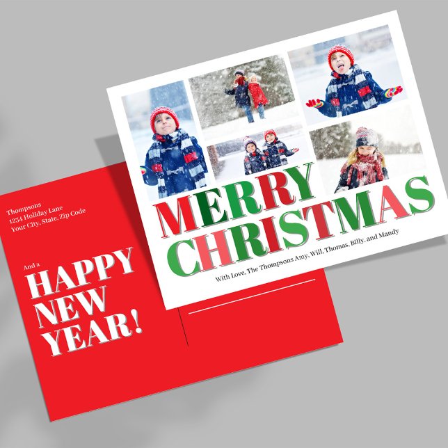 Red and Green Photo Collage Merry Christmas Holiday Postcard (Merry Christmas Photo Collage Postcard Template.)
