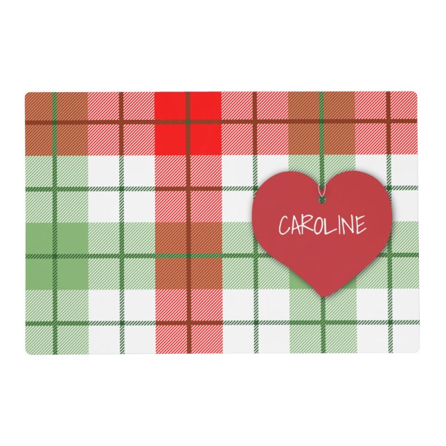 Red and Green Plaid and Heart Laminated Placemat (Front)
