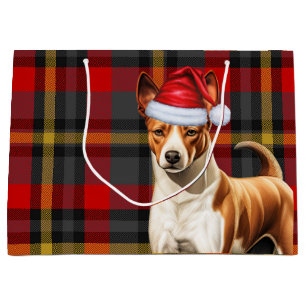 Red and Green Plaid Basenji Dog Holiday Large Gift Bag