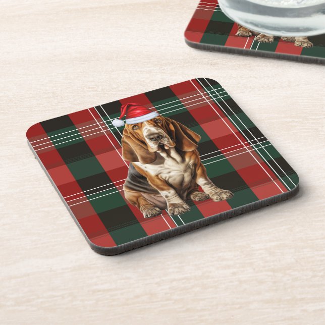 Red and Green Plaid Basset Hound Dog Christmas Beverage Coaster (Left Side)