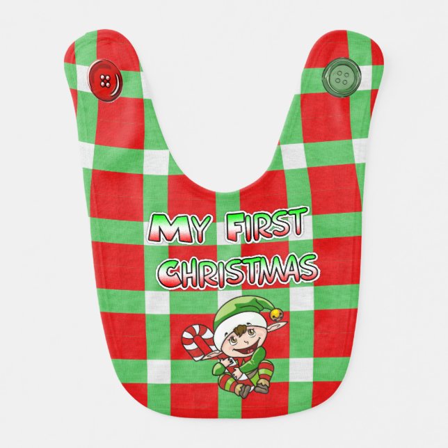 Red and Green Plaid Christmas Elf First Christmas Baby Bib (Front)