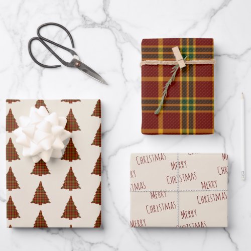 Red and Green Plaid Christmas Tree Wrapping Paper Sheets