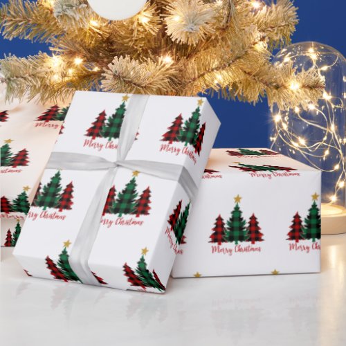 Red and Green Plaid Christmas Trees Wrapping Paper