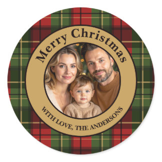Red And Green Plaid Custom Family Photo Christmas Classic Round Sticker
