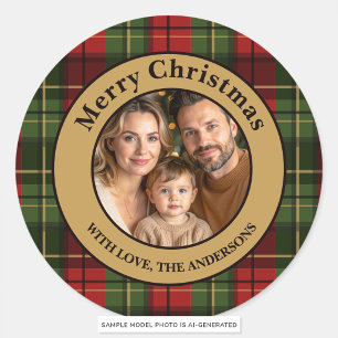 Red And Green Plaid Custom Family Photo Christmas Classic Round Sticker