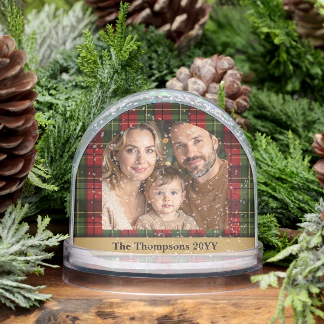 Red And Green Plaid Custom Family Photo Christmas Snow Globe (Winter)