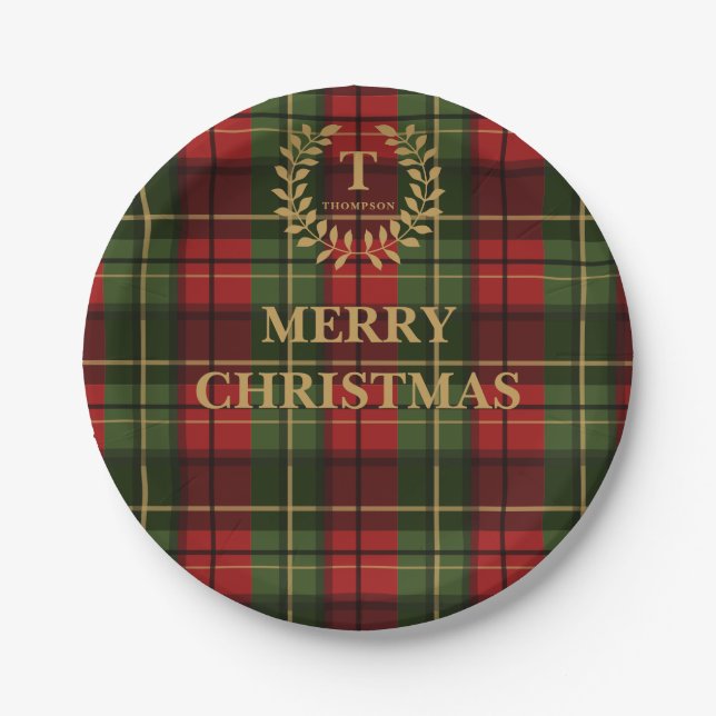 Red And Green Plaid Family Name Christmas Paper Plates (Front)
