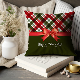 Red and green plaid holiday Throw Pillow