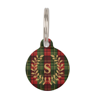 Red And Green Plaid Laurel Wreath Monogram Pet ID Tag