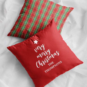 Red and Green Plaid Merry Christmas Custom Throw Pillow