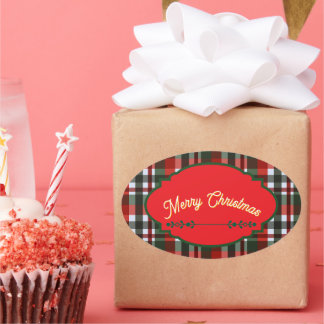 Red and Green Plaid Merry Christmas Oval Sticker