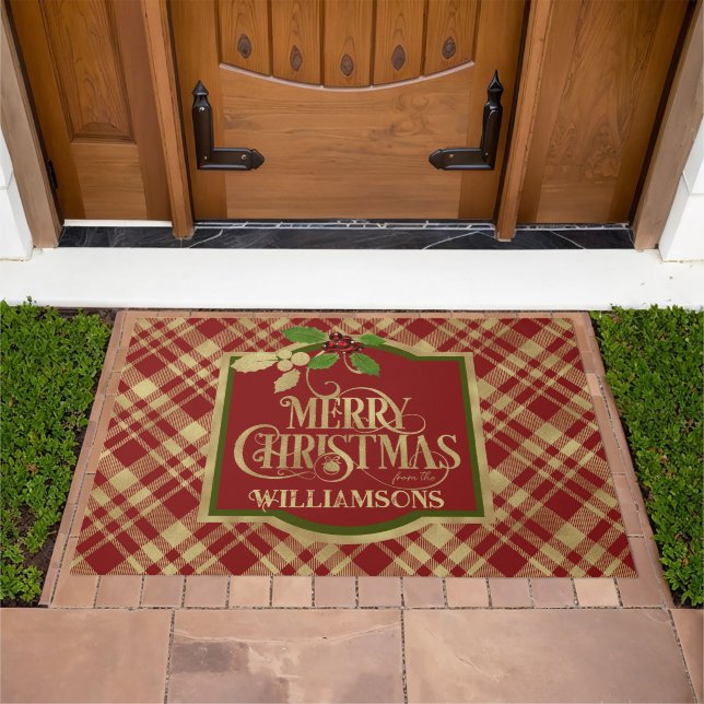 Red and Green Plaid Merry Christmas With Name Doormat (Outdoor)