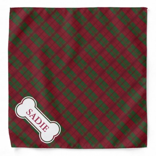 Red And Green Plaid Pattern And Dog Bone With Name Bandana