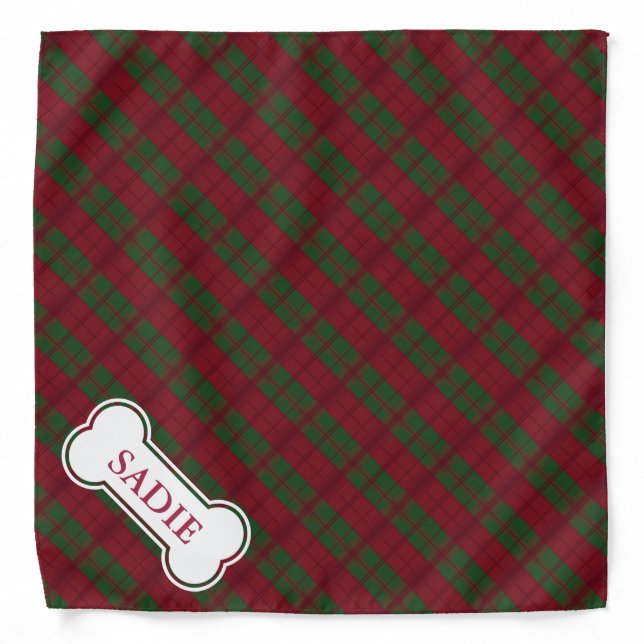 Red And Green Plaid Pattern And Dog Bone With Name Bandana (Front)