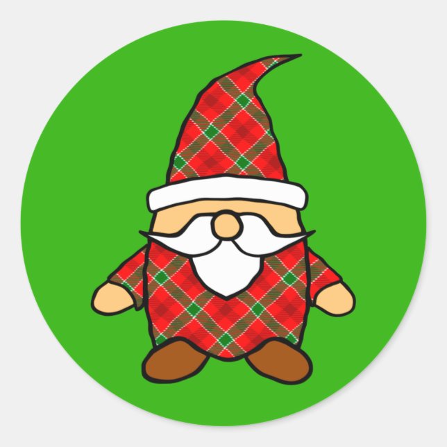 Red And Green Plaid Pattern Gnome  Classic Round Sticker (Front)