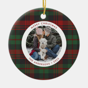 Red and Green Plaid Single Photo Holiday Ceramic Ornament