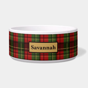 Red And Green Plaid Tartan Pattern With Pet's Name Bowl