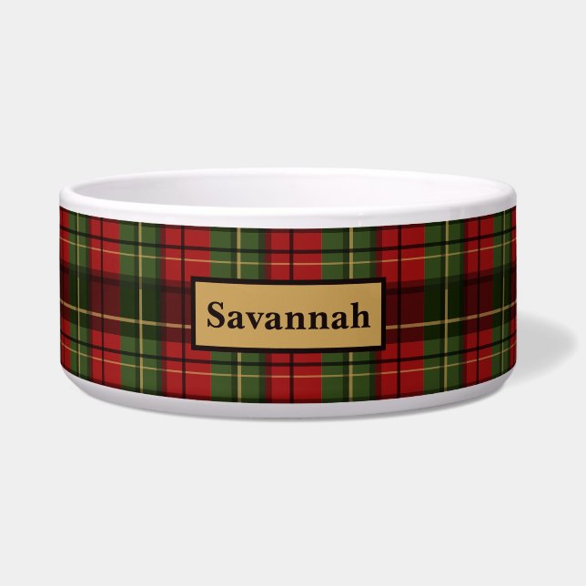 Red And Green Plaid Tartan Pattern With Pet's Name Bowl (Front)