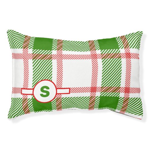 Red and Green Plaid with Dogs Monogram Holiday Pet Bed