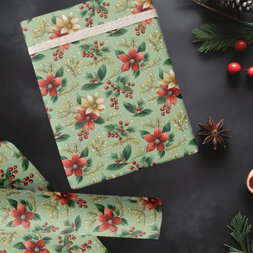 Red and Green Poinsettia Botanical Christmas Wrapping Paper