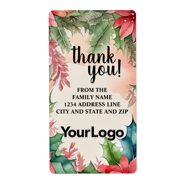 Red and Green Poinsettia Christmas Tree Wreath Label (Front)