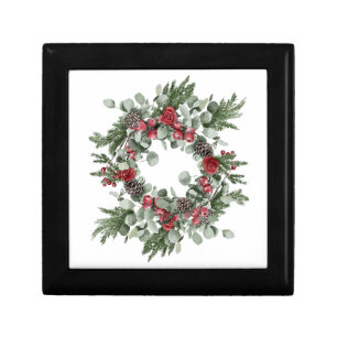 Red and Green Poinsettia Pine Cones Evergreen  Gift Box