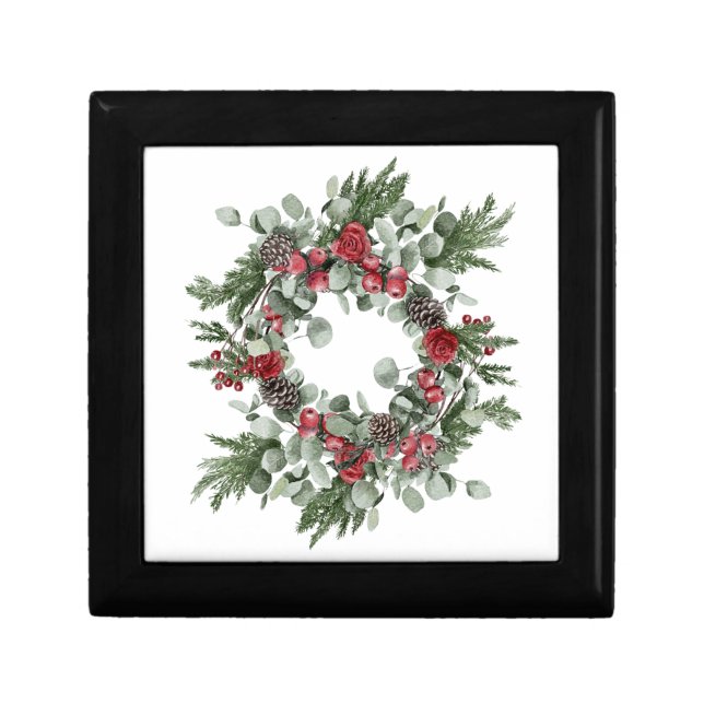 Red and Green Poinsettia Pine Cones Evergreen  Gift Box (Front)