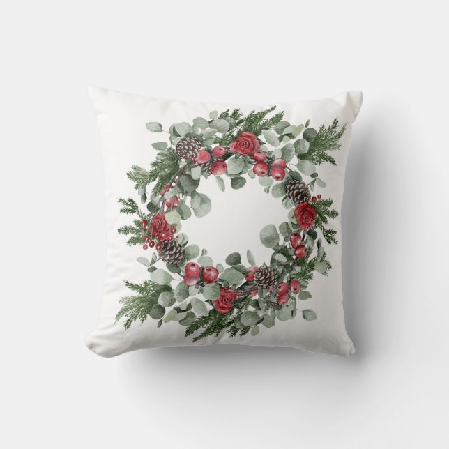 Red and Green Poinsettia Pine Cones Evergreen Throw Pillow (Front)