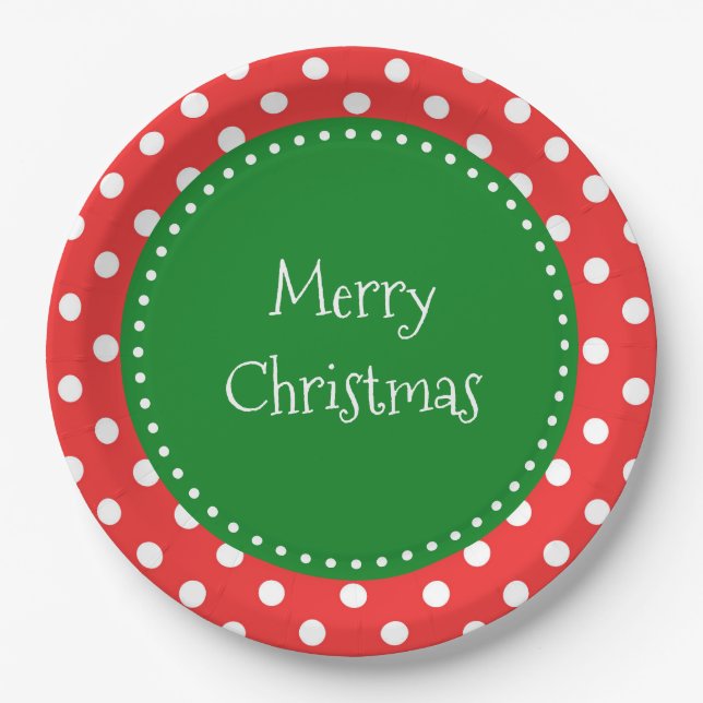 Red and green polka dots festive Christmas Paper Plates (Front)
