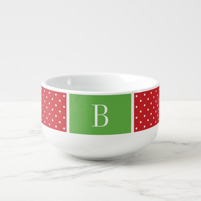 Red and Green Polka Dots Monogram Soup Mug (Front)