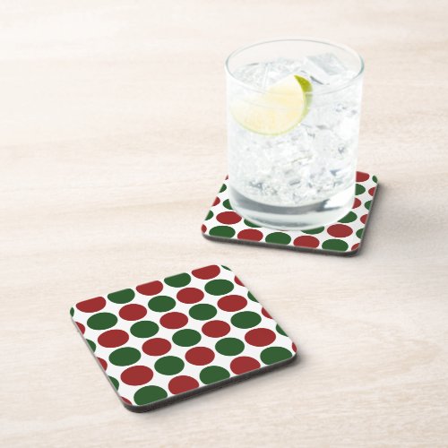 Red and Green Polka Dots on White Beverage Coaster