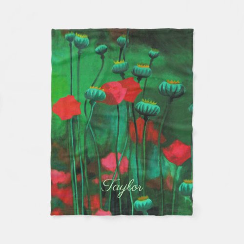 Red and Green Poppies Floral Art Template Flowers Fleece Blanket